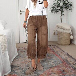 Coffee Brown Casual Women's Elastic Waist Loose Tapered Jeans